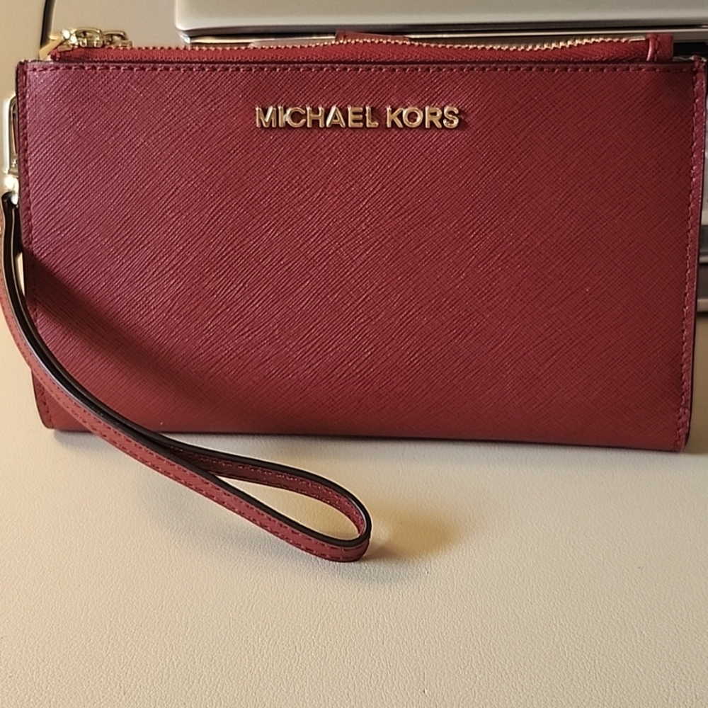 Red Michael Kors Saffiano Leather Wallet with Detachable Clutch Strap
